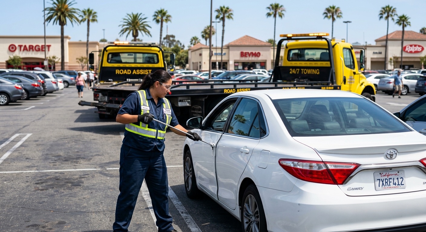 Quick Tow Orlando technician using a long-reach lockout tool to unlock a sedan in an Orlando shopping center parking lot