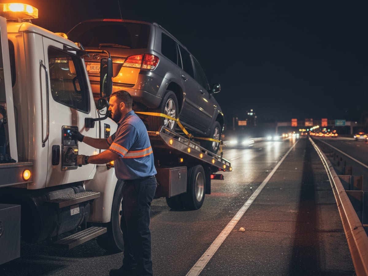 Quick Tow Orlando flatbed driver loading a disabled SUV on an I-4 shoulder near Orlando at night