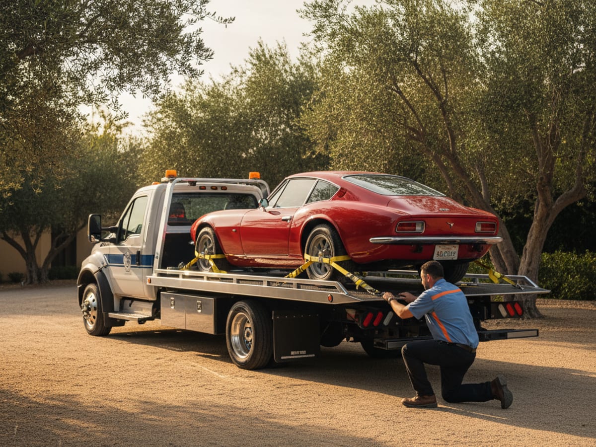 Quick Tow Orlando low-clearance flatbed carefully loading a classic Porsche with soft-tie wheel nets