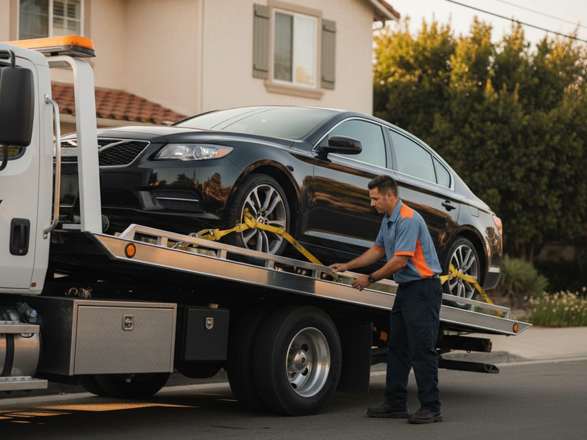 Quick Tow Orlando rollback flatbed loading a Tesla with soft straps on a Winter Park residential street