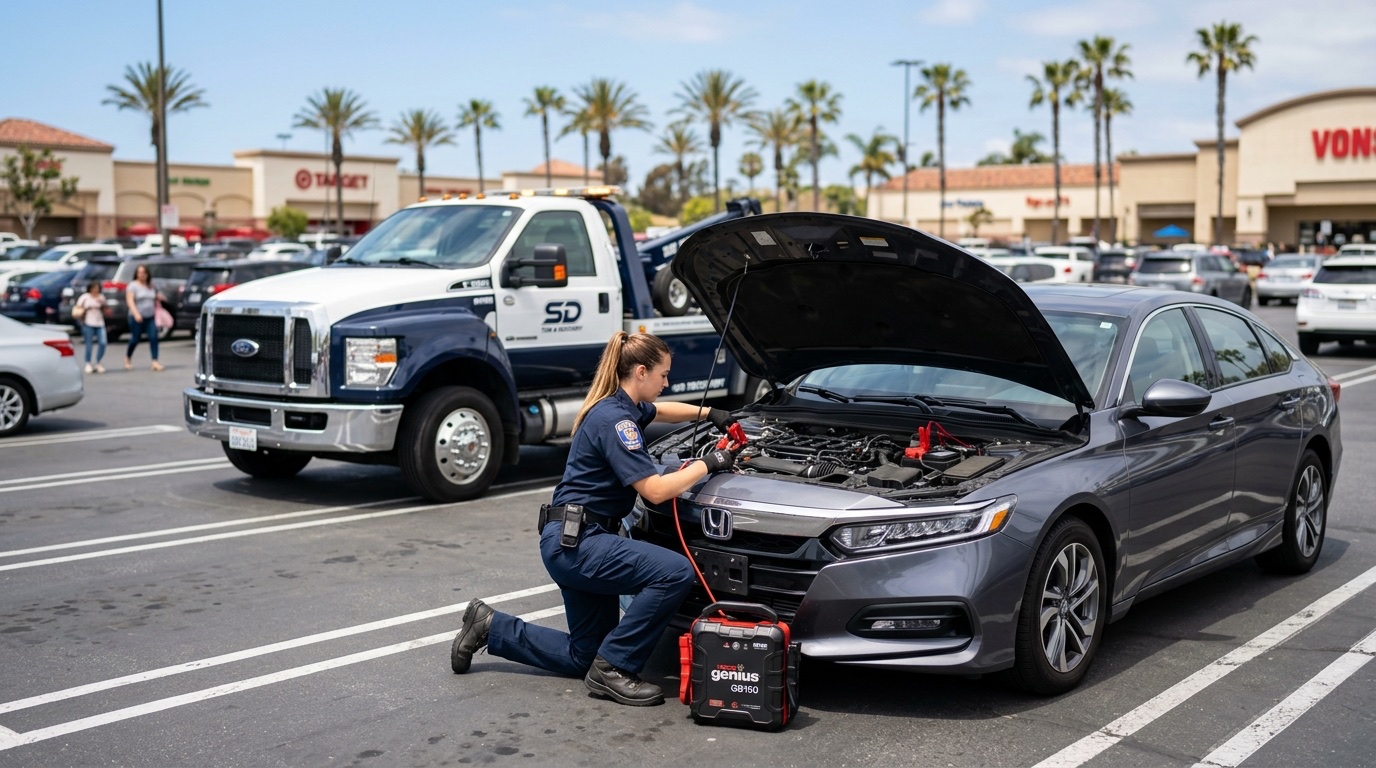 Quick Tow Orlando technician connecting a commercial jump pack to a dead battery in an Orlando parking lot during daylight