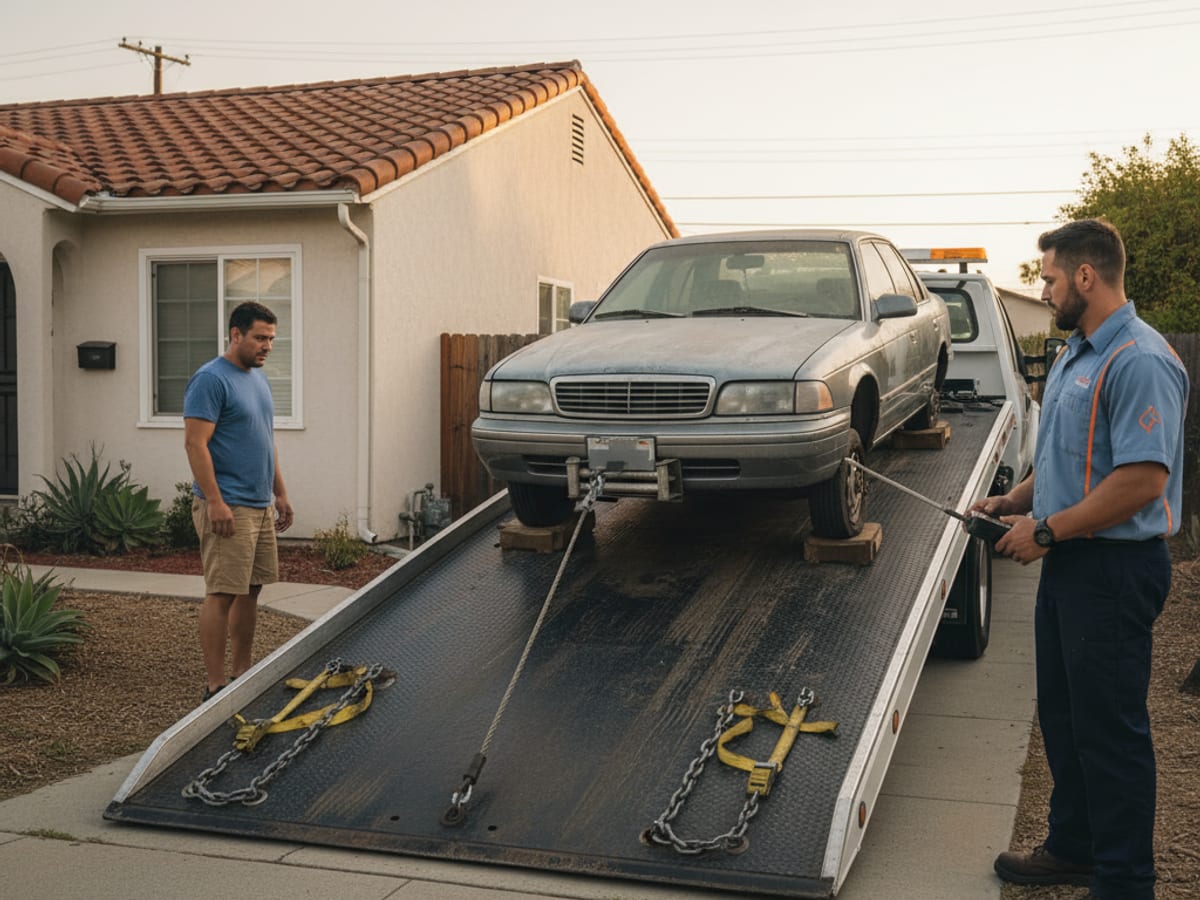 Quick Tow Orlando flatbed loading a non-running sedan from an Orlando-area residential side yard