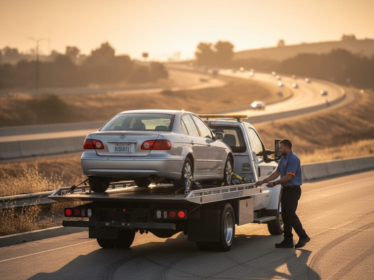 Quick Tow Orlando flatbed driver preparing for a long-distance interstate tow at sunrise