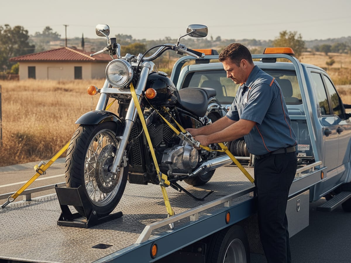 Quick Tow Orlando driver securing a Harley-Davidson cruiser on a low-deck flatbed with soft straps