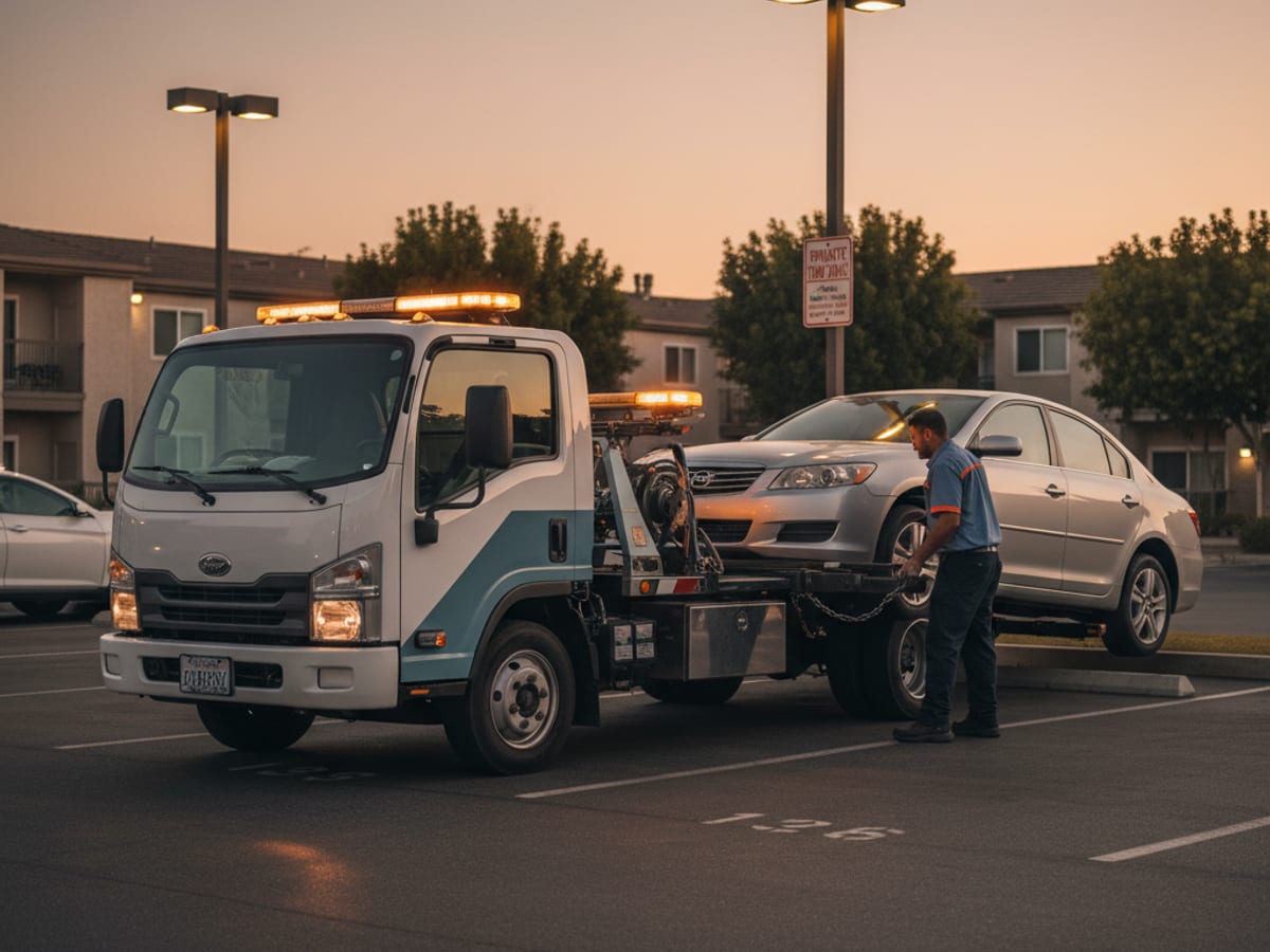 Quick Tow Orlando truck working a permit-parking apartment complex lot in Orlando at dusk