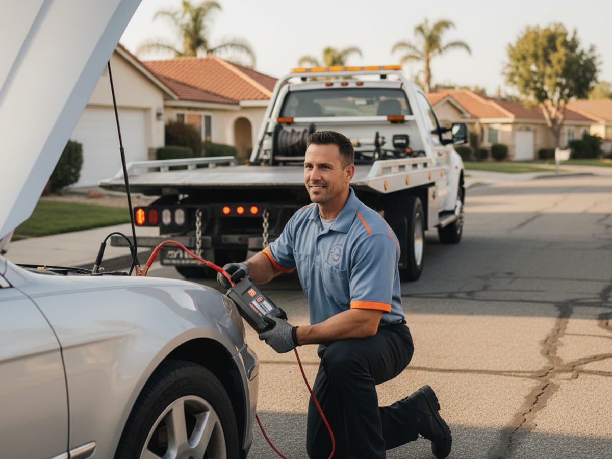 Quick Tow Orlando technician jump-starting a disabled car on a residential street in the Orlando metro