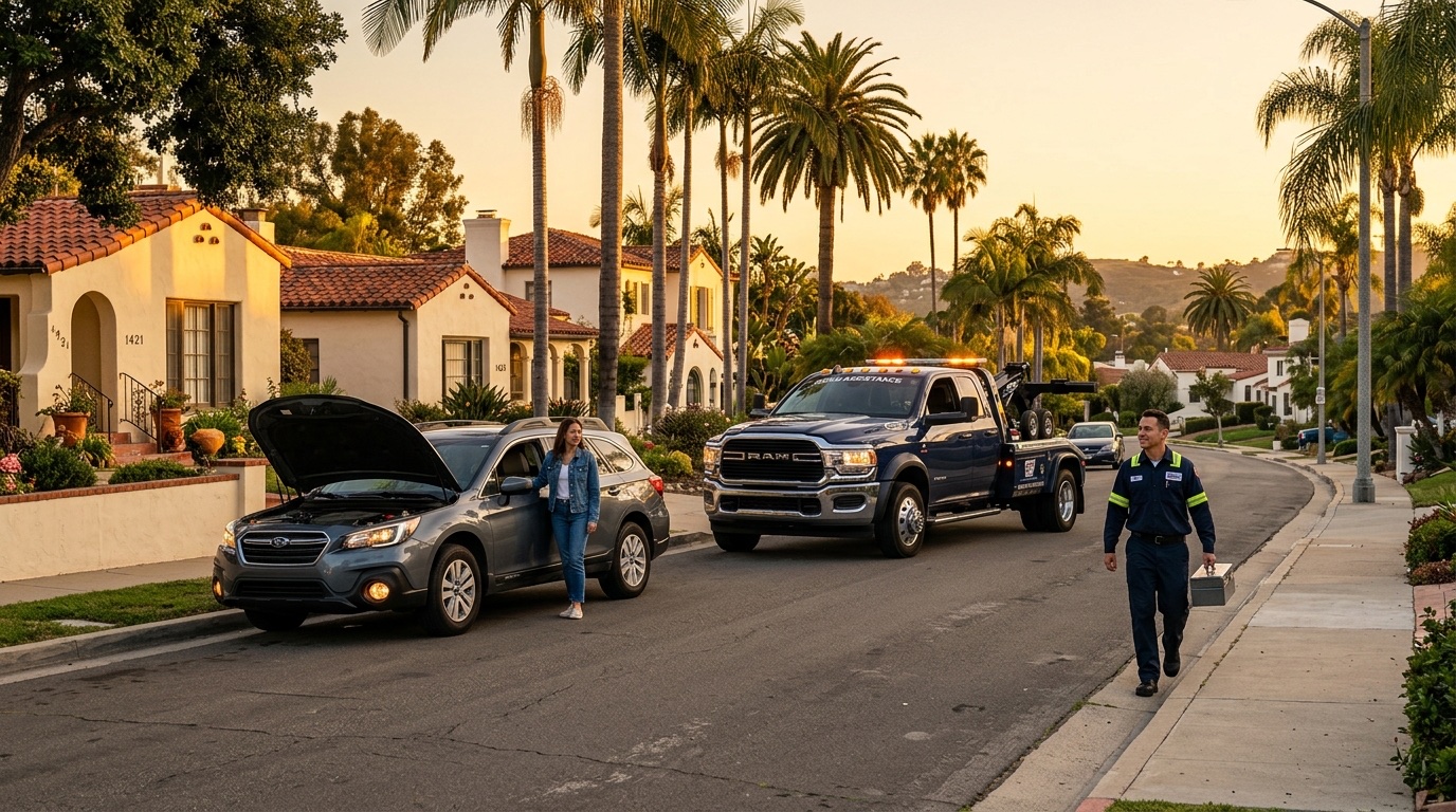 Quick Tow Orlando service truck arriving at a stranded vehicle in an Orlando parking lot to provide pay-per-call roadside service