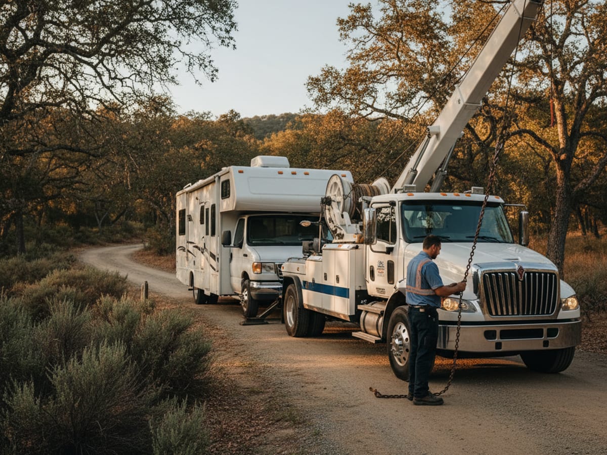 Quick Tow Orlando heavy wrecker towing a Class C RV from an Orlando-area campground