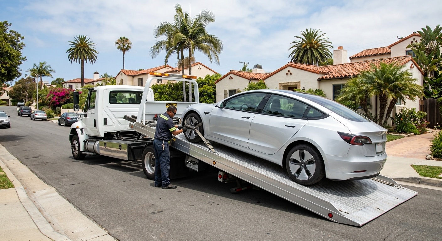 Quick Tow Orlando flatbed loading a Tesla Model 3 with soft straps in a Winter Park driveway, charge port closed and Transport Mode engaged