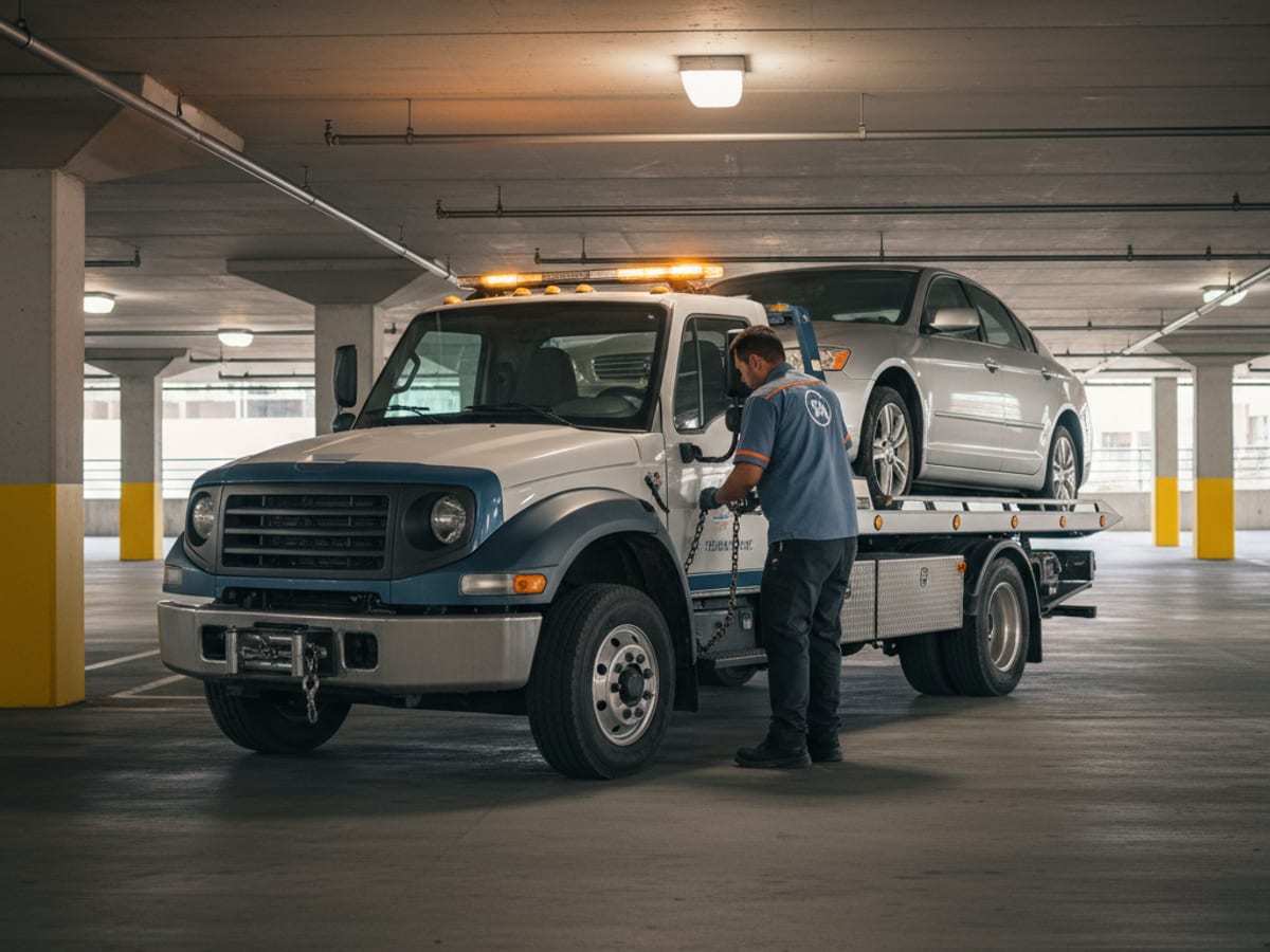 Quick Tow Orlando wheel-lift truck hooking a Honda sedan in a downtown Orlando parking garage